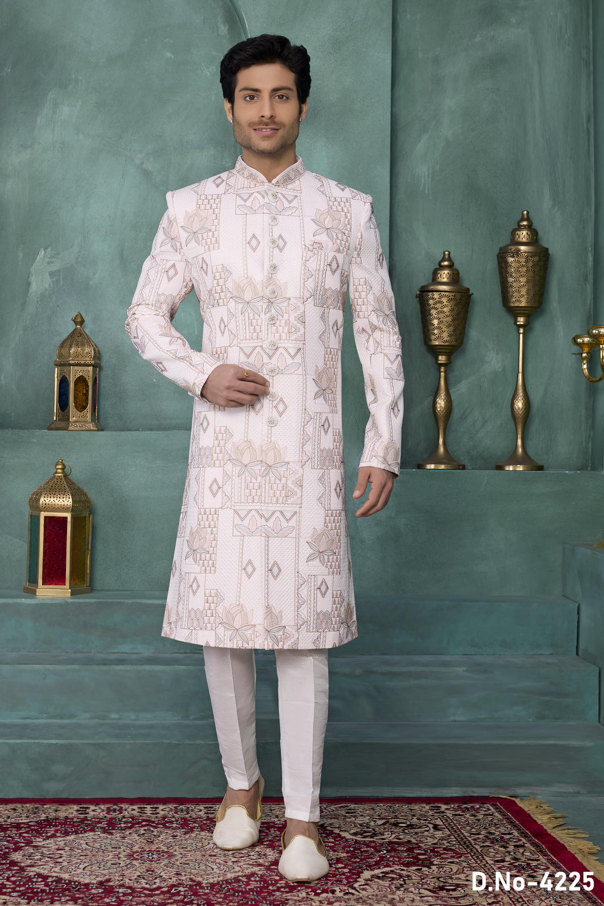 Cream Colour Art Silk Embroidery Work Sherwani