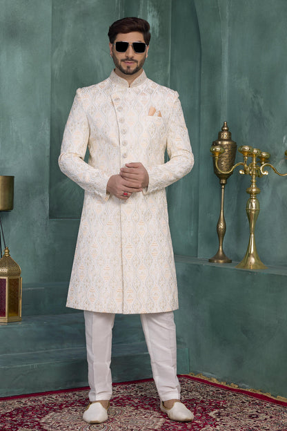 Cream Colour Art Silk Embroidery Work Sherwani