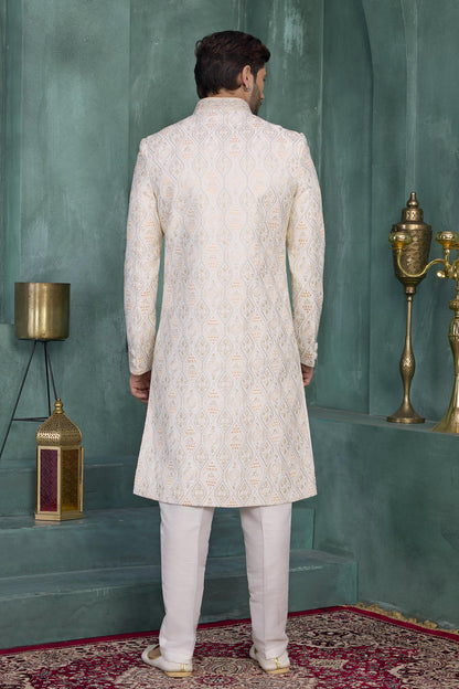 Cream Colour Art Silk Embroidery Work Sherwani