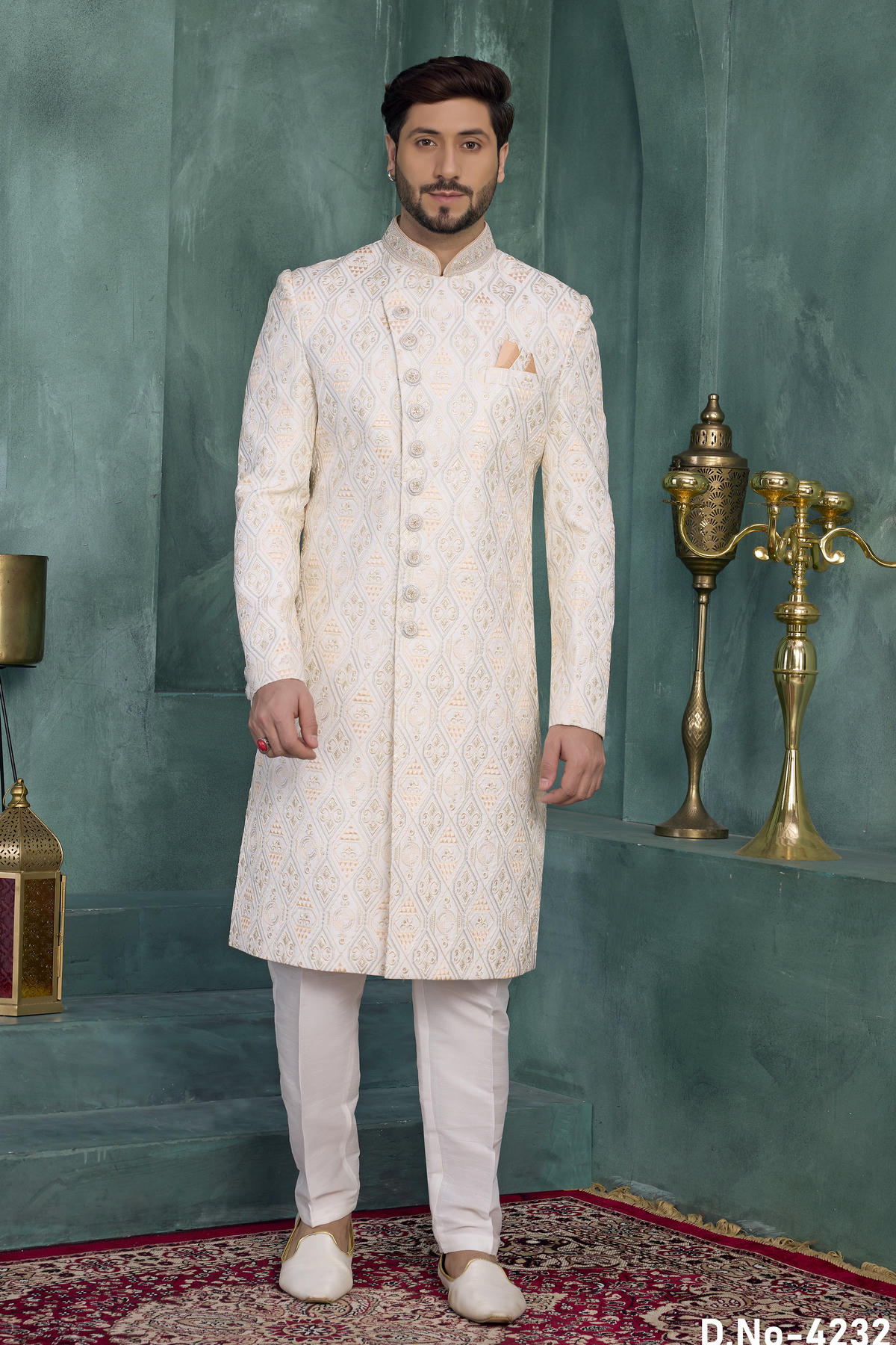 Cream Colour Art Silk Embroidery Work Sherwani