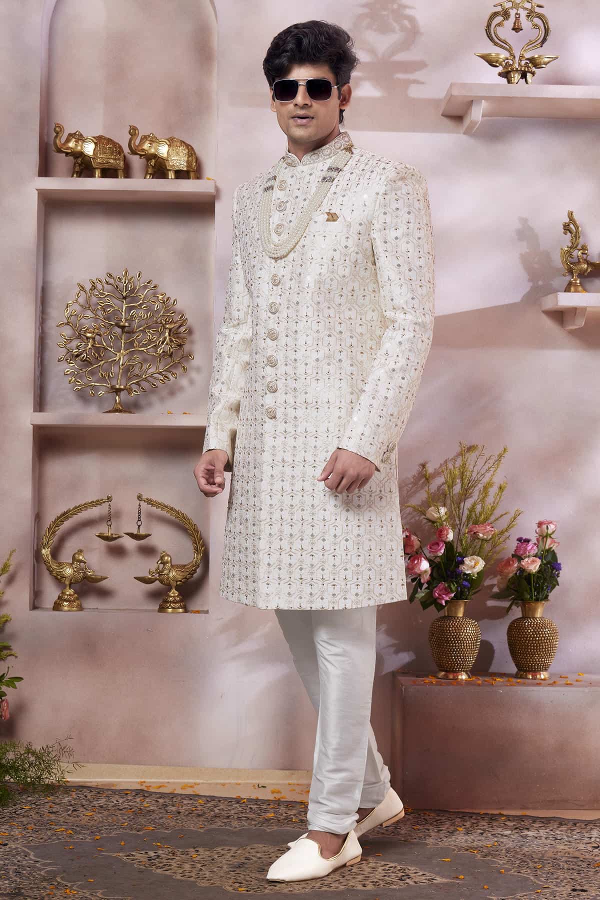Cream Colour Art Silk Embroidery Work Sherwani