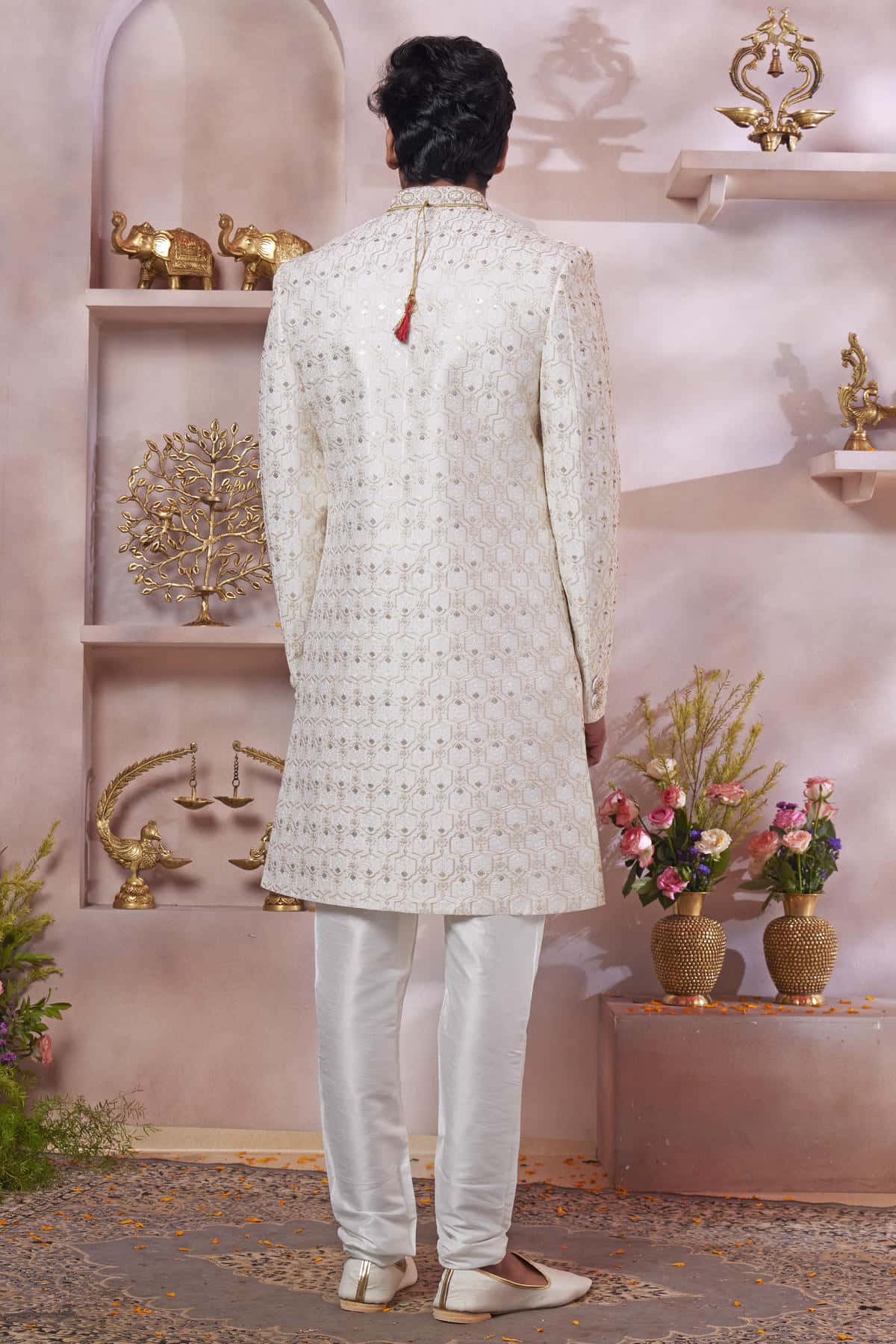 Cream Colour Art Silk Embroidery Work Sherwani