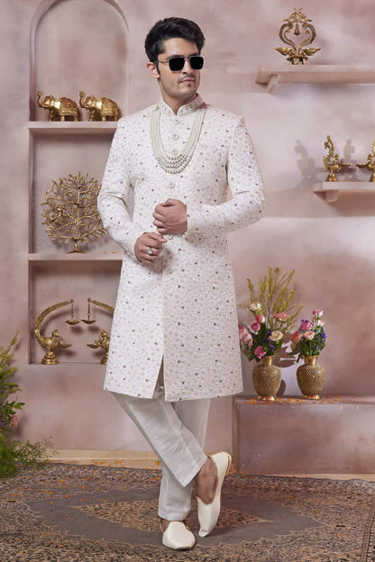 Cream Colour Art Silk Embroidery Work Sherwani