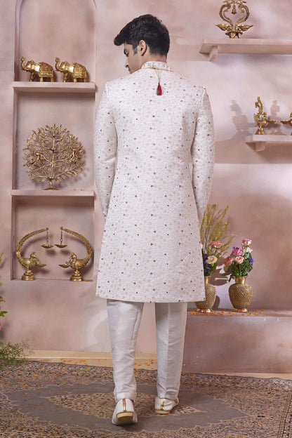 Cream Colour Art Silk Embroidery Work Sherwani