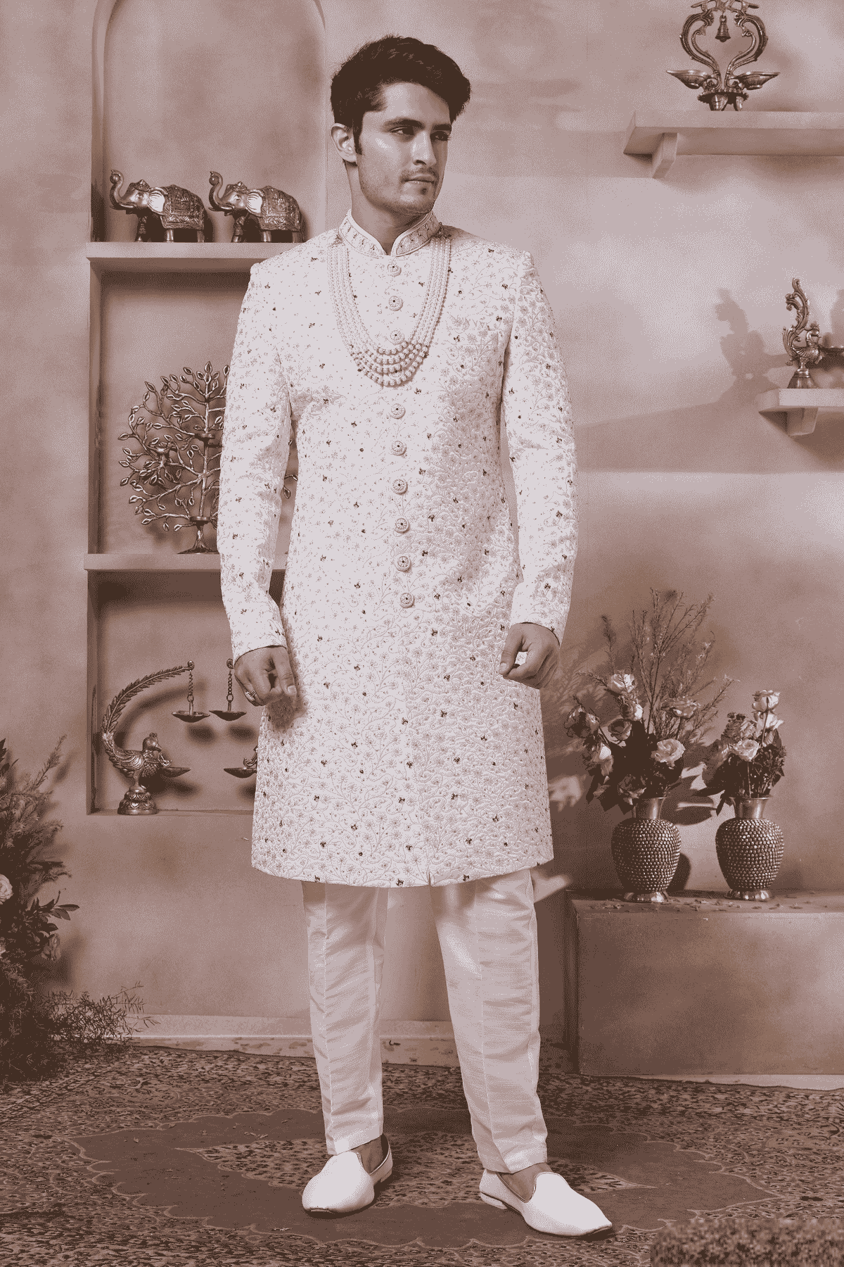 Cream Colour Art Silk Embroidery Work Sherwani