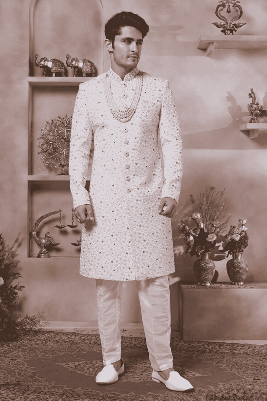 Cream Colour Art Silk Embroidery Work Sherwani