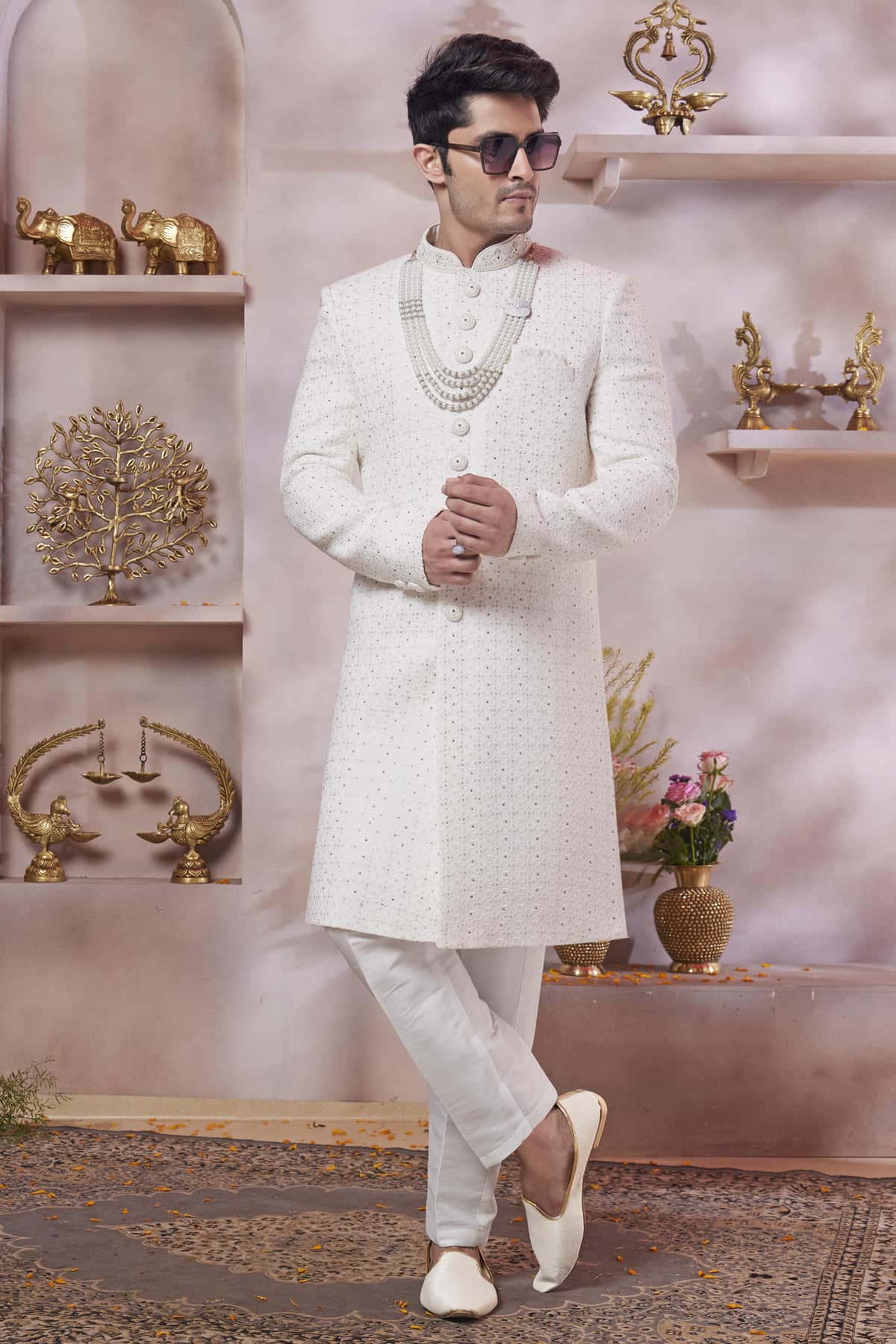 Cream Colour Art Silk Embroidery Work Sherwani