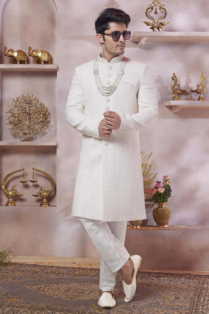 Cream Colour Art Silk Embroidery Work Sherwani