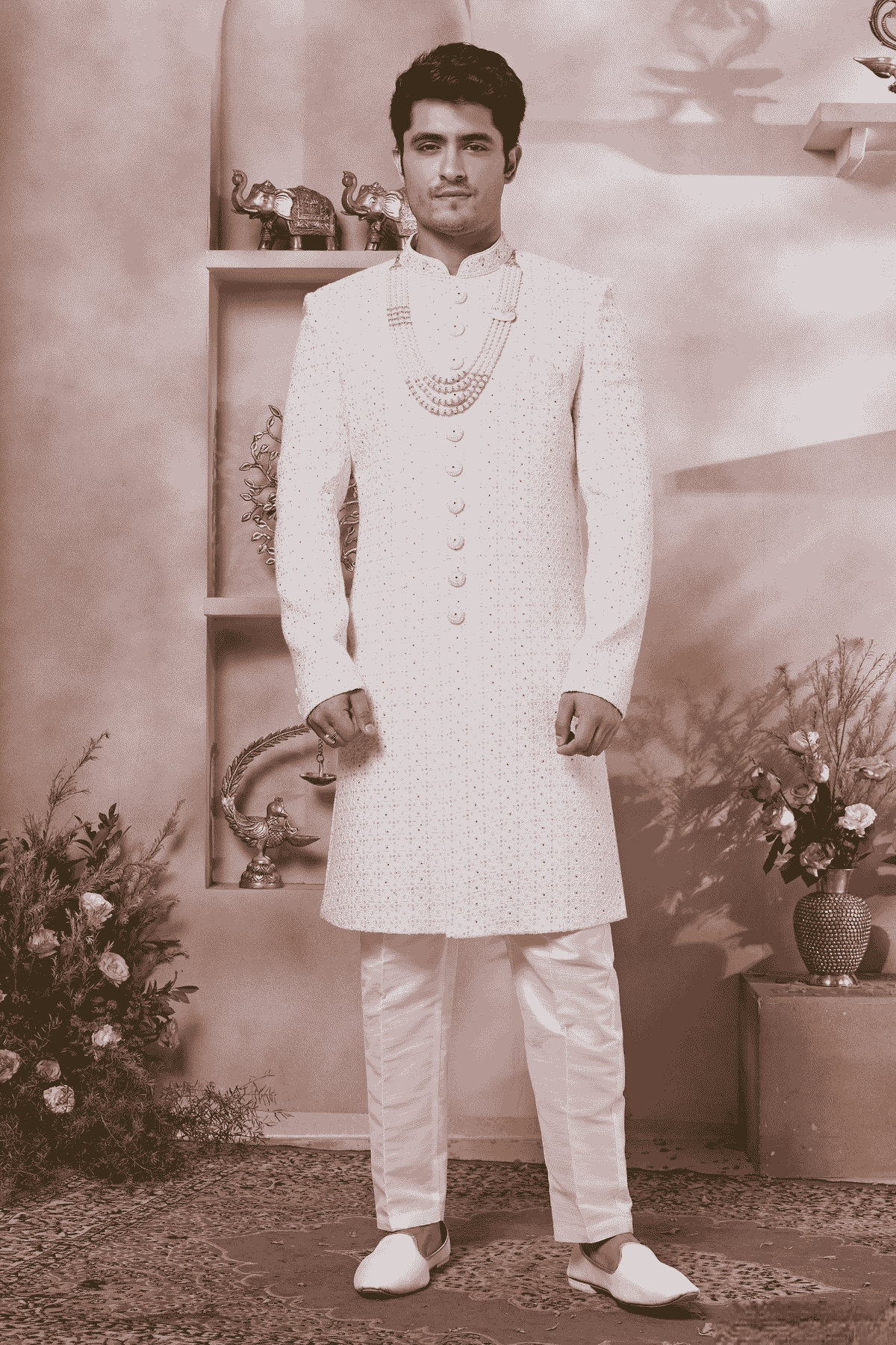 Cream Colour Art Silk Embroidery Work Sherwani