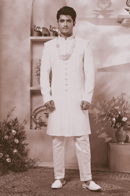 Cream Colour Art Silk Embroidery Work Sherwani