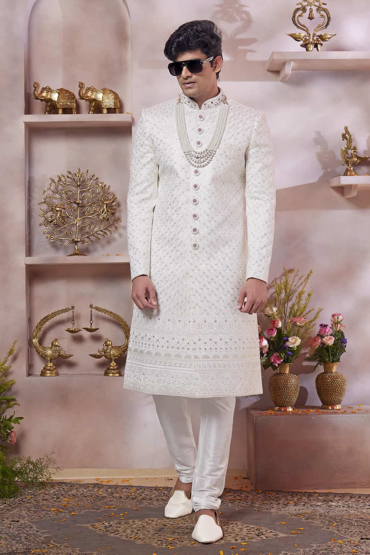 Cream Colour Art Silk Embroidery Work Sherwani