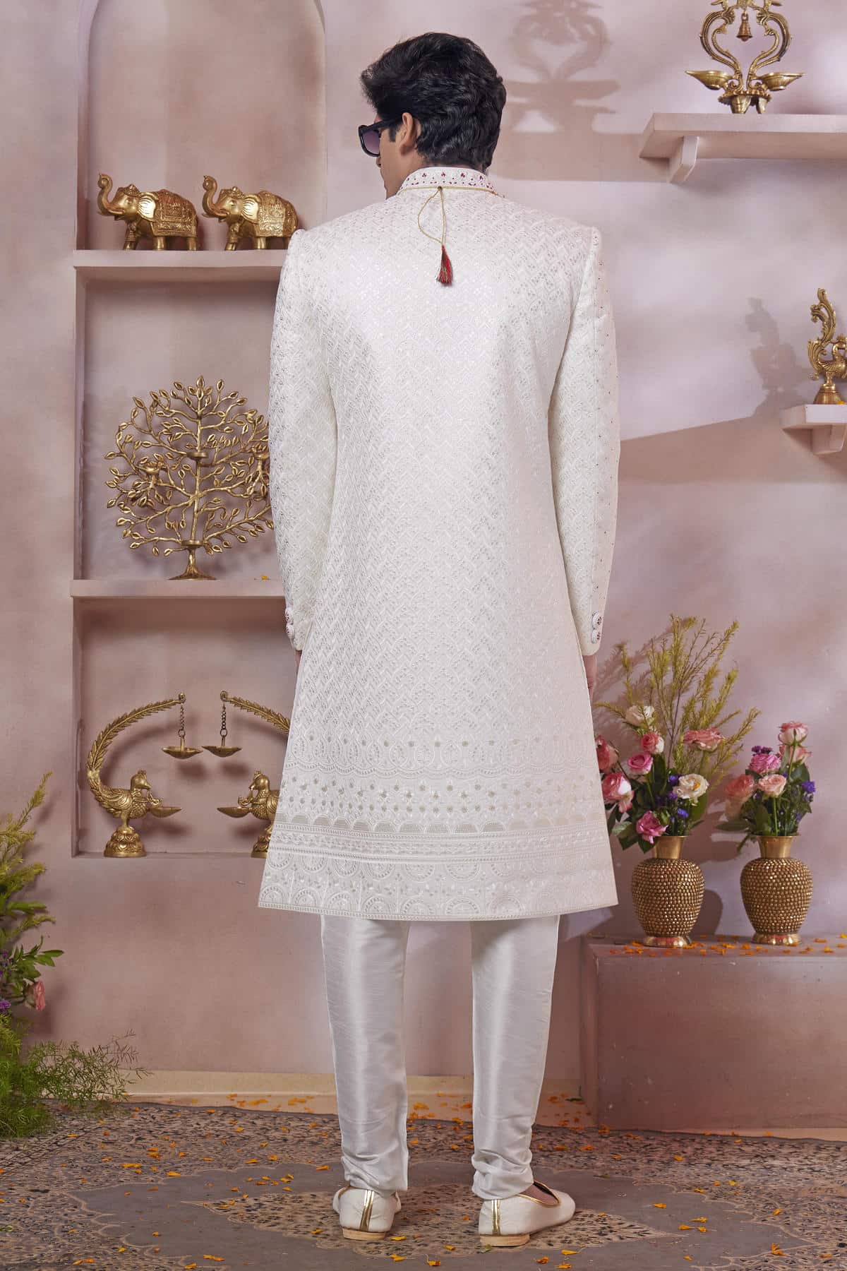 Cream Colour Art Silk Embroidery Work Sherwani
