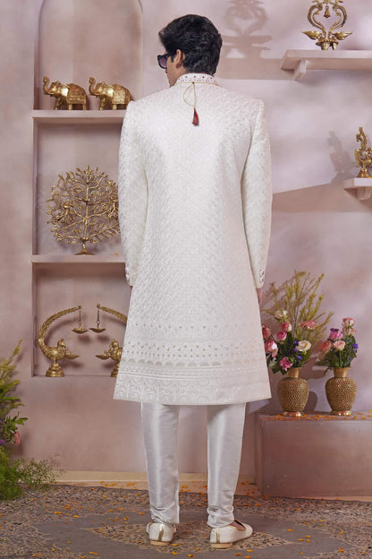 Cream Colour Art Silk Embroidery Work Sherwani