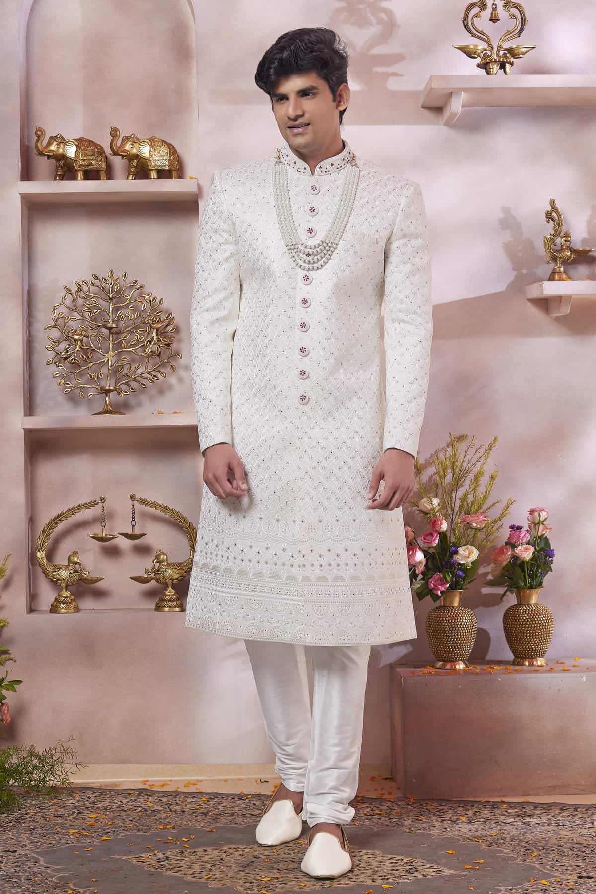 Cream Colour Art Silk Embroidery Work Sherwani