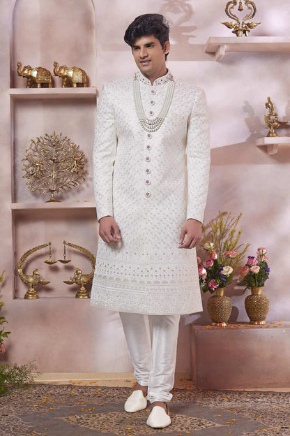 Cream Colour Art Silk Embroidery Work Sherwani