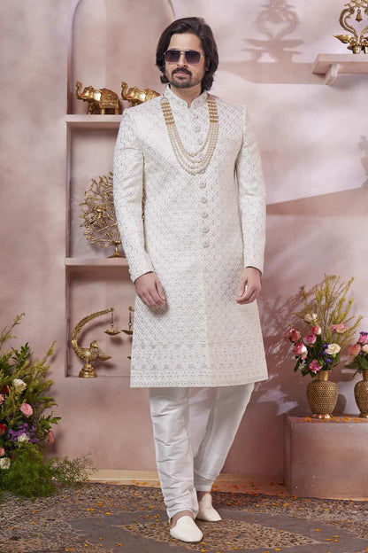 Cream Colour Art Silk Embroidery Work Sherwani