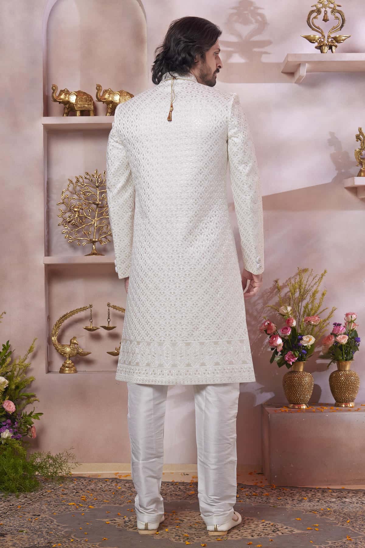 Cream Colour Art Silk Embroidery Work Sherwani
