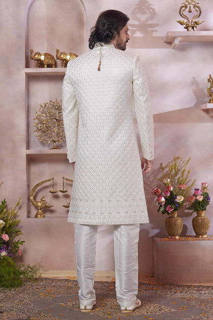 Cream Colour Art Silk Embroidery Work Sherwani