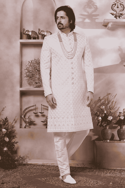 Cream Colour Art Silk Embroidery Work Sherwani
