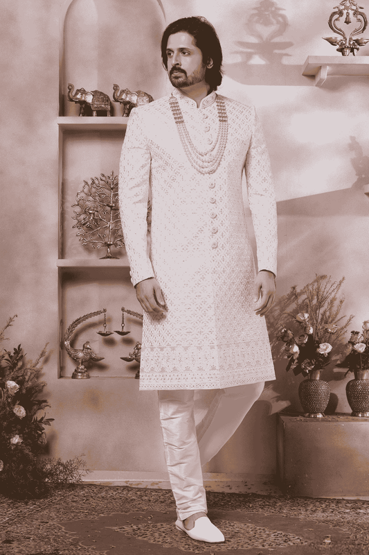 Cream Colour Art Silk Embroidery Work Sherwani