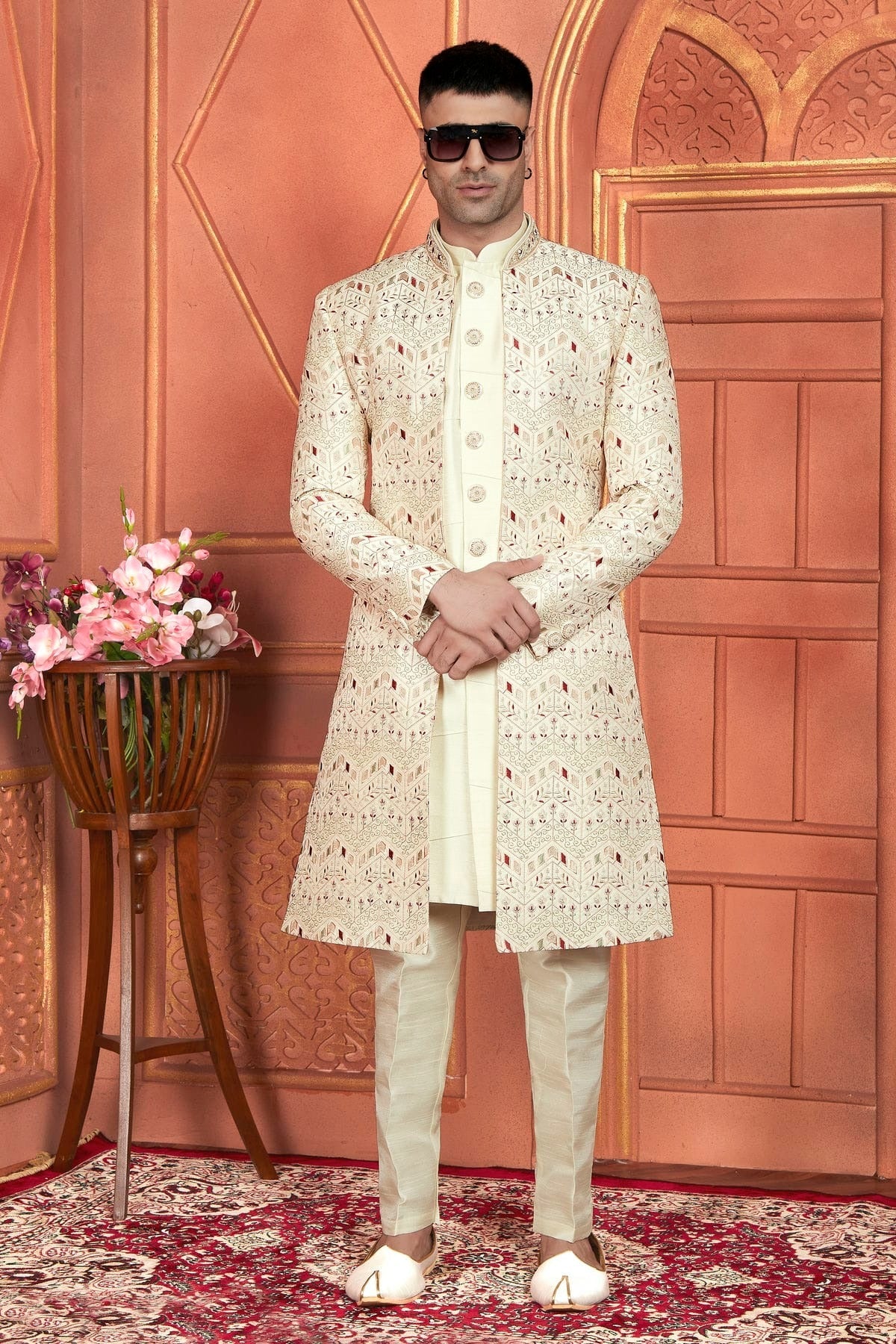 Cream Colour Art Silk Indowestern Sherwani With Aligadhi Pant SH1230010 A