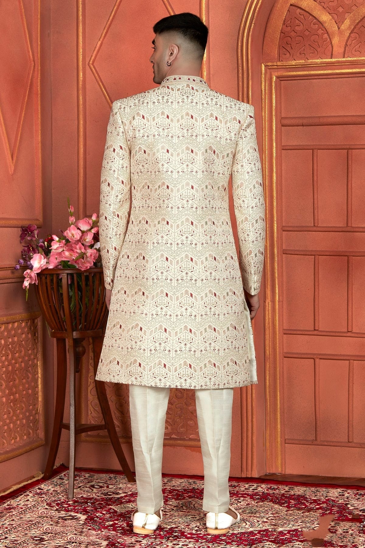 Cream Colour Art Silk Indowestern Sherwani With Aligadhi Pant SH1230010 B