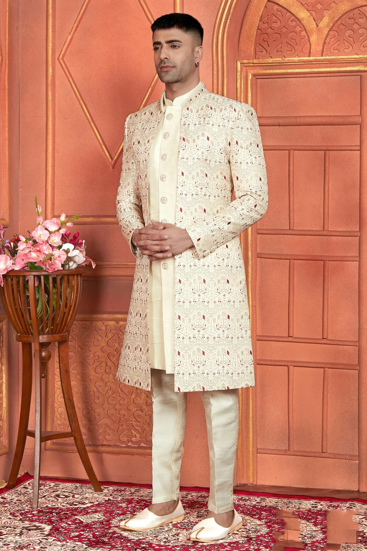 Cream Colour Art Silk Indowestern Sherwani With Aligadhi Pant SH1230010