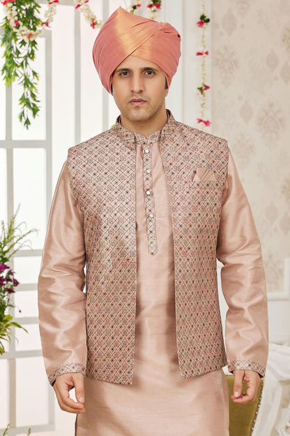 Cream Colour Art Silk Kurta Pajama With Jacket KP1230271 B