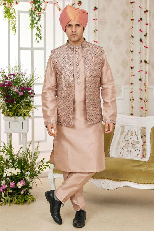 Cream Colour Art Silk Kurta Pajama With Jacket KP1230271