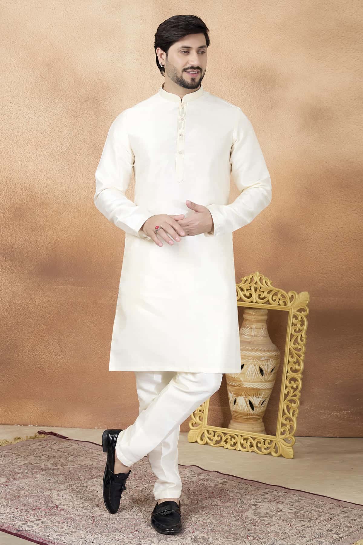 Cream Colour Art Silk Pintux Work Kurta Pajama
