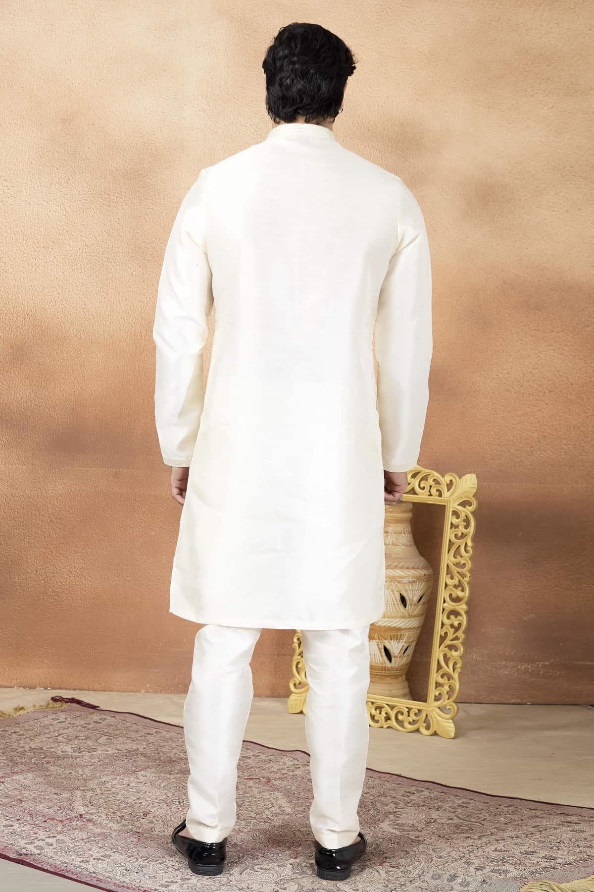 Cream Colour Art Silk Pintux Work Kurta Pajama