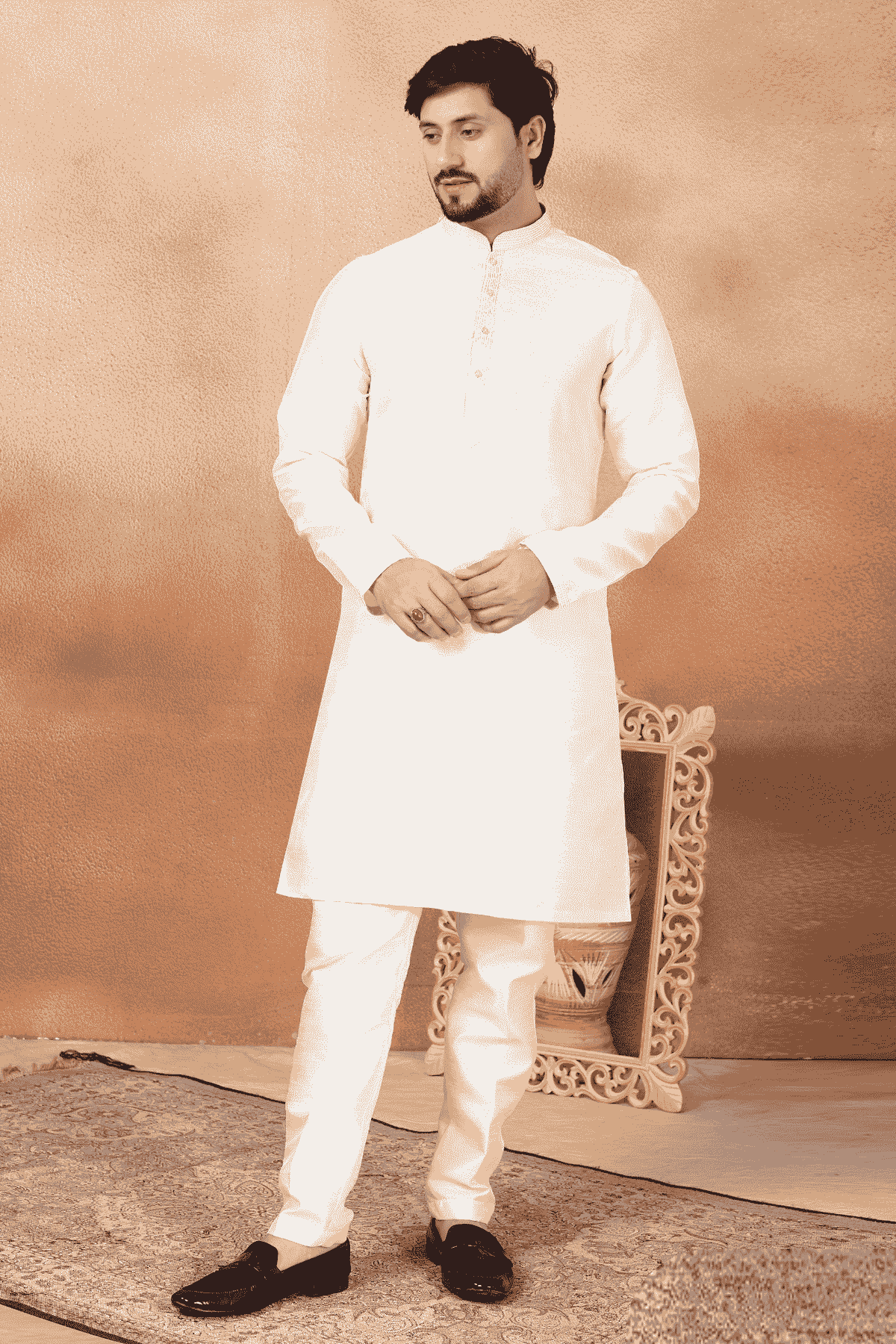 Cream Colour Art Silk Pintux Work Kurta Pajama
