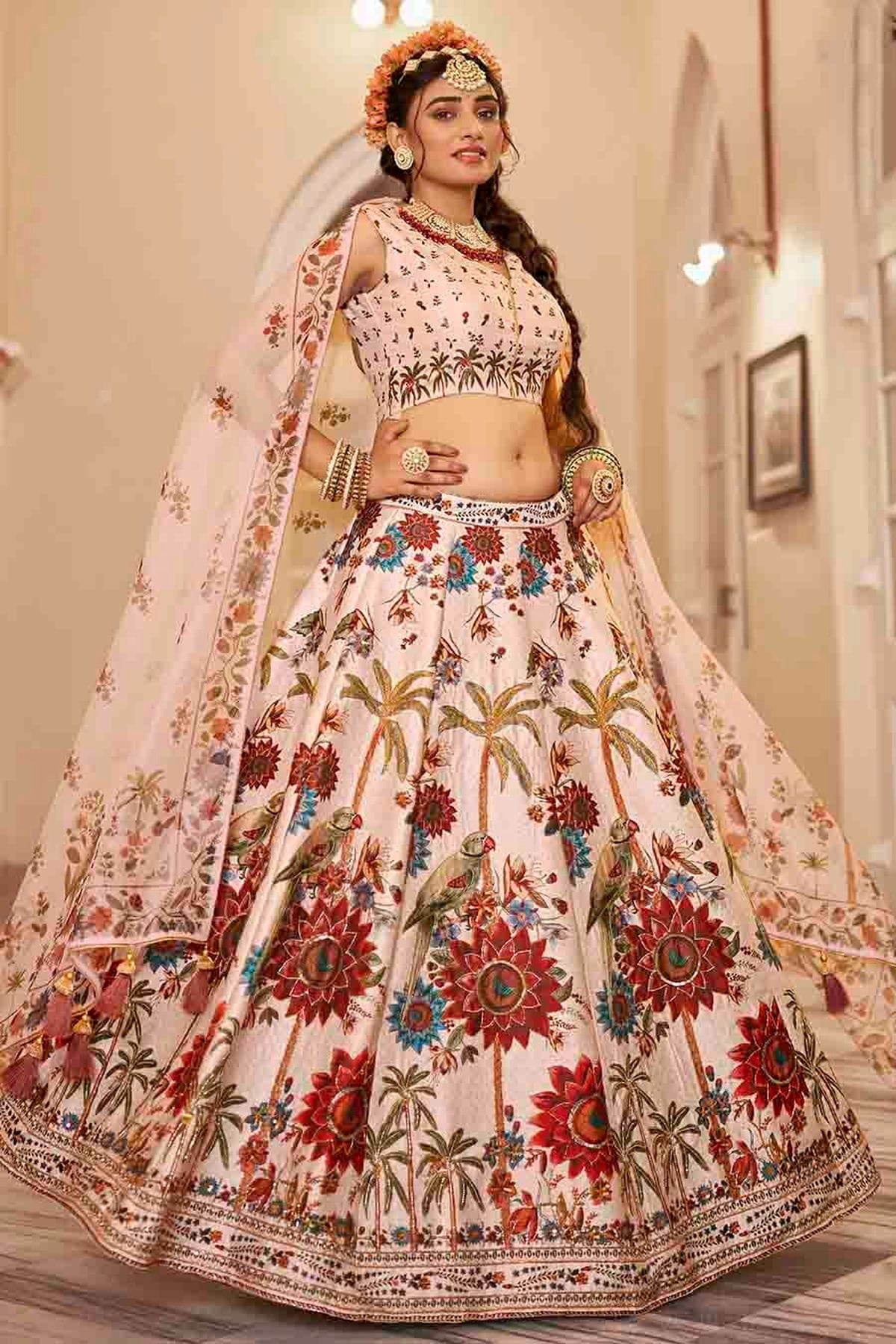 Cream Colour Art Silk Printed and Hand Work Lehenga Choli LC1080973 A