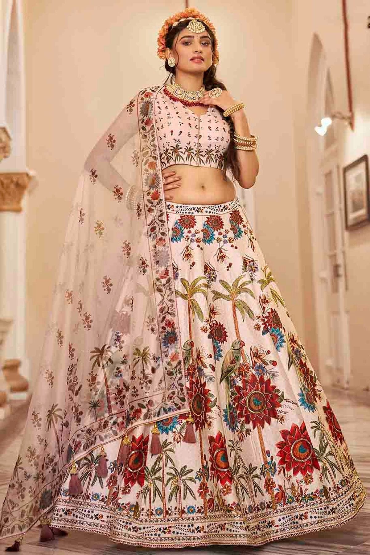Cream Colour Art Silk Printed and Hand Work Lehenga Choli LC1080973