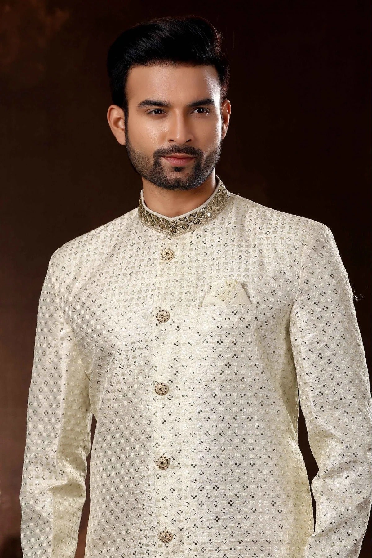 Cream Colour Art Silk Sherwani SH1040370 A