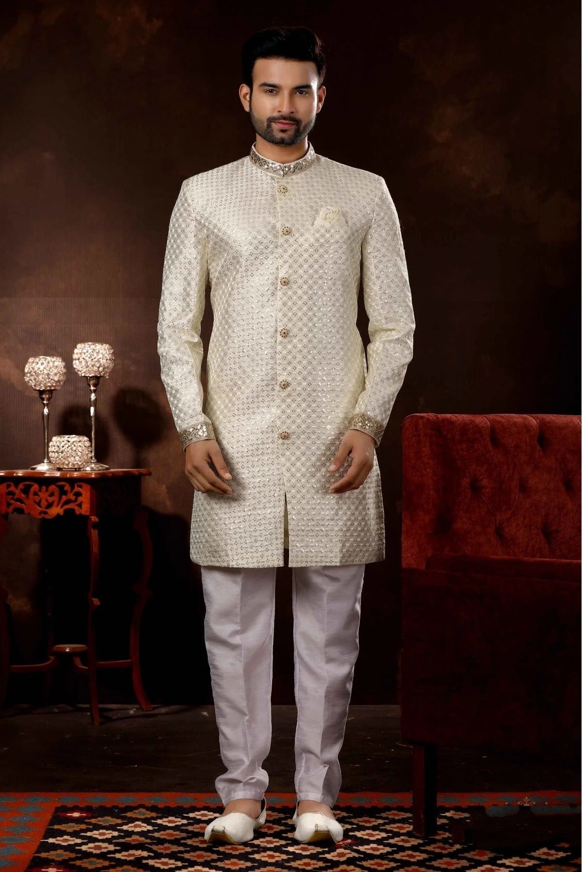 Cream Colour Art Silk Sherwani SH1040370
