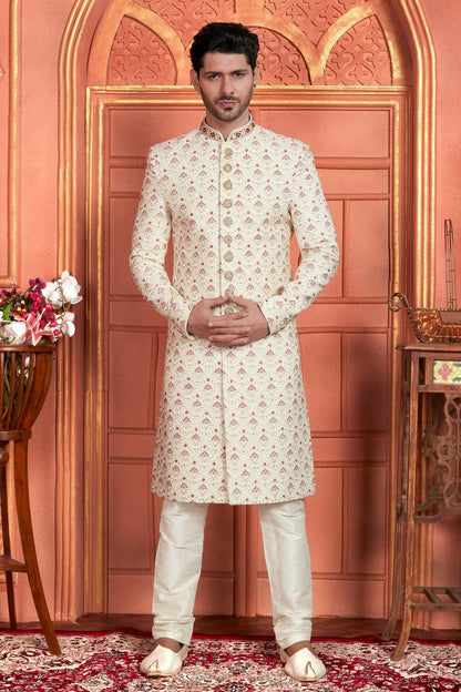 Cream Colour Art Silk Sherwani With Churidar Pant SH1230046 A