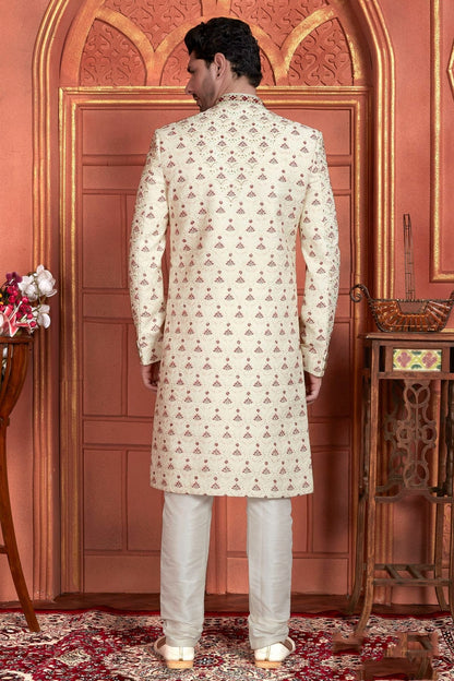 Cream Colour Art Silk Sherwani With Churidar Pant SH1230046 B