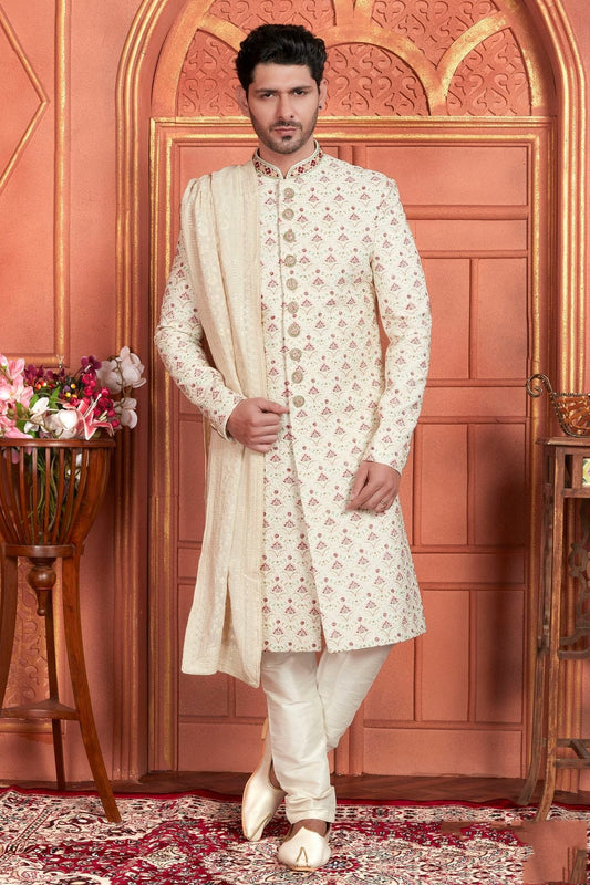 Cream Colour Art Silk Sherwani With Churidar Pant SH1230046