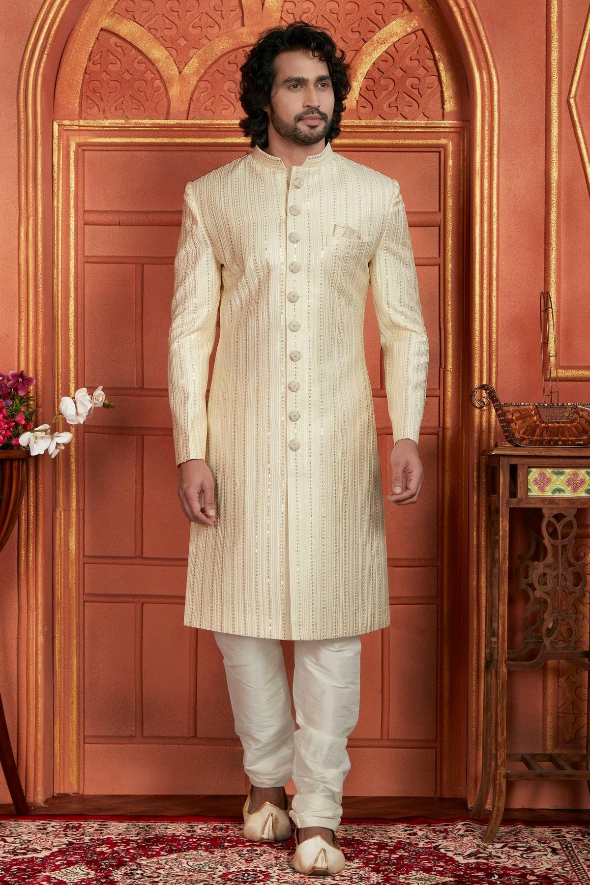 Cream Colour Art Silk Sherwani With Churidar Pant SH1230049 A