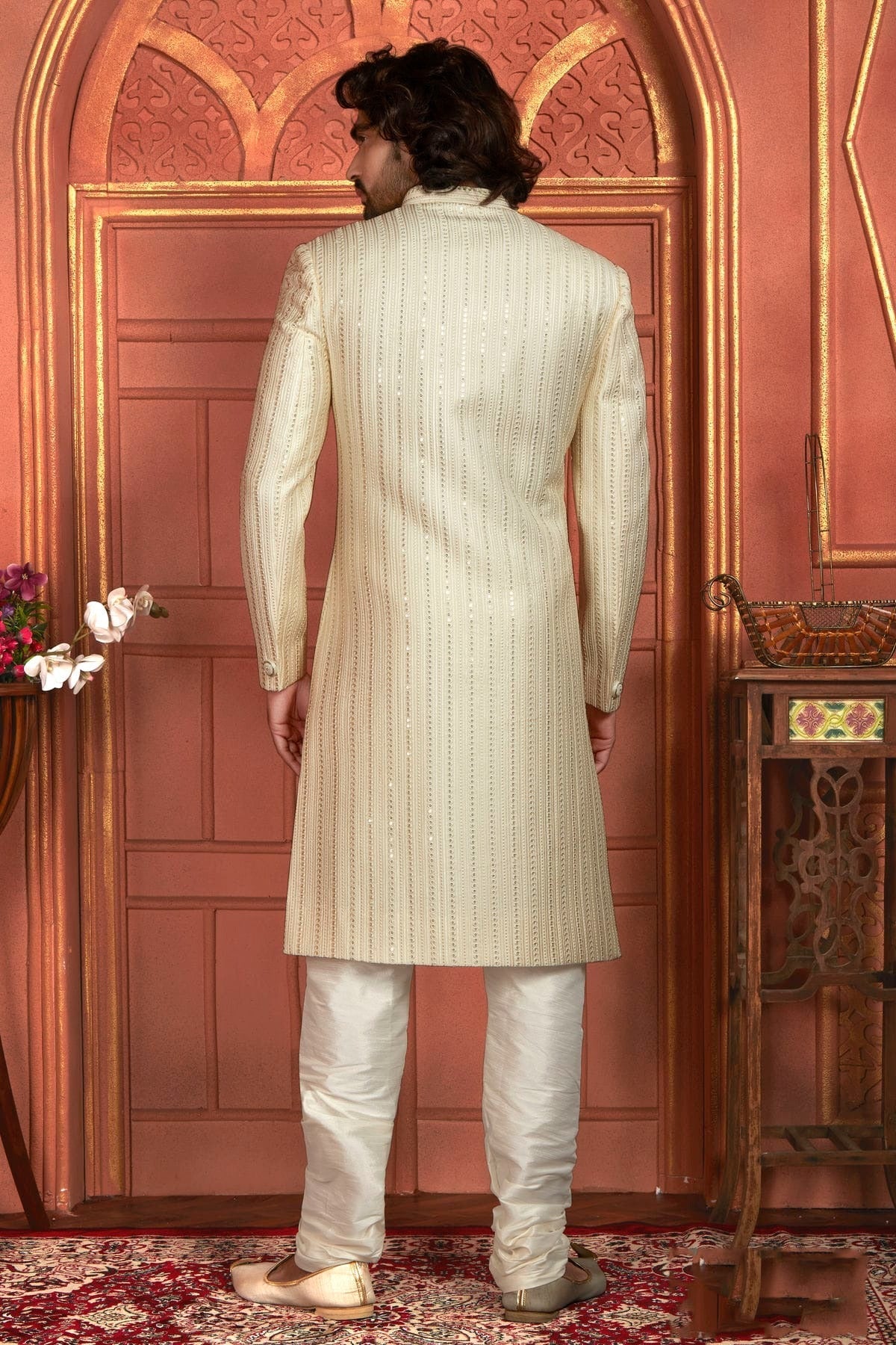 Cream Colour Art Silk Sherwani With Churidar Pant SH1230049 B