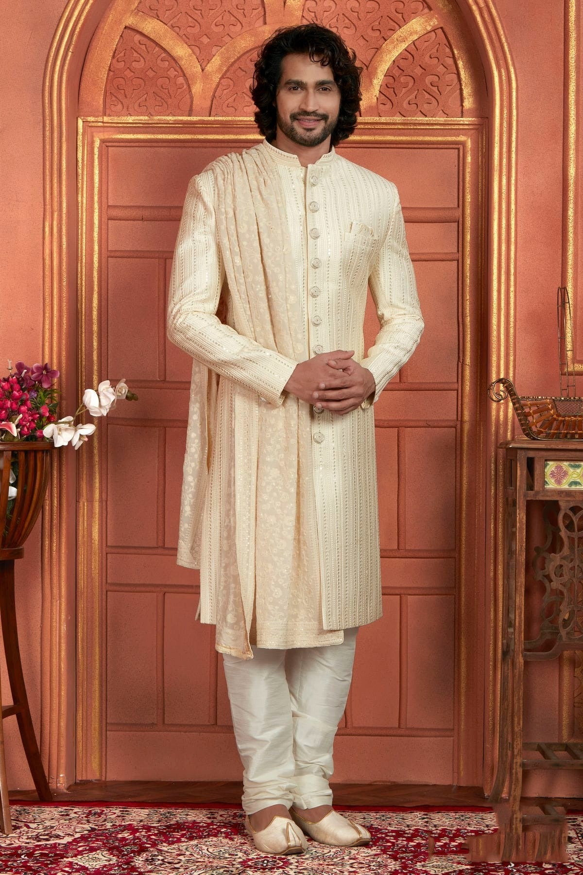 Cream Colour Art Silk Sherwani With Churidar Pant SH1230049