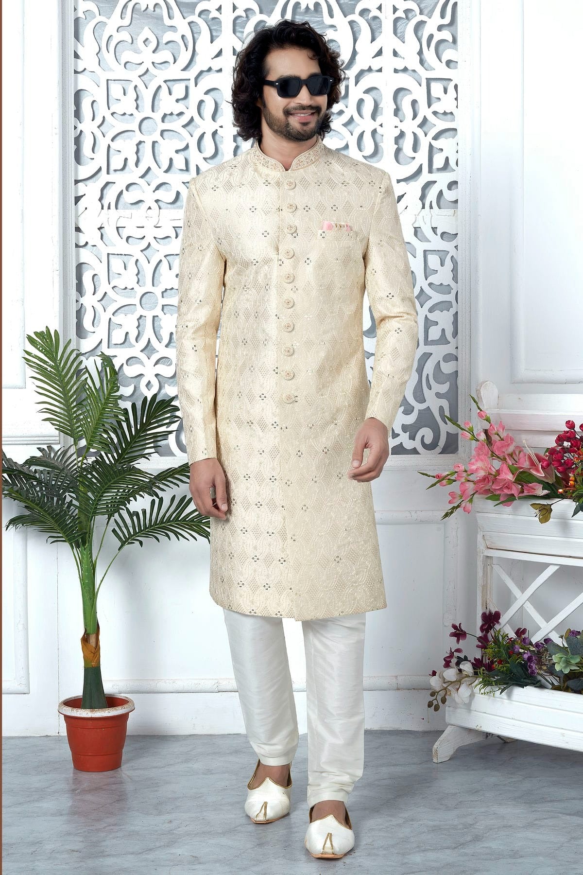 Cream Colour Art Silk Sherwani With Churidar Pant SH1230057 A