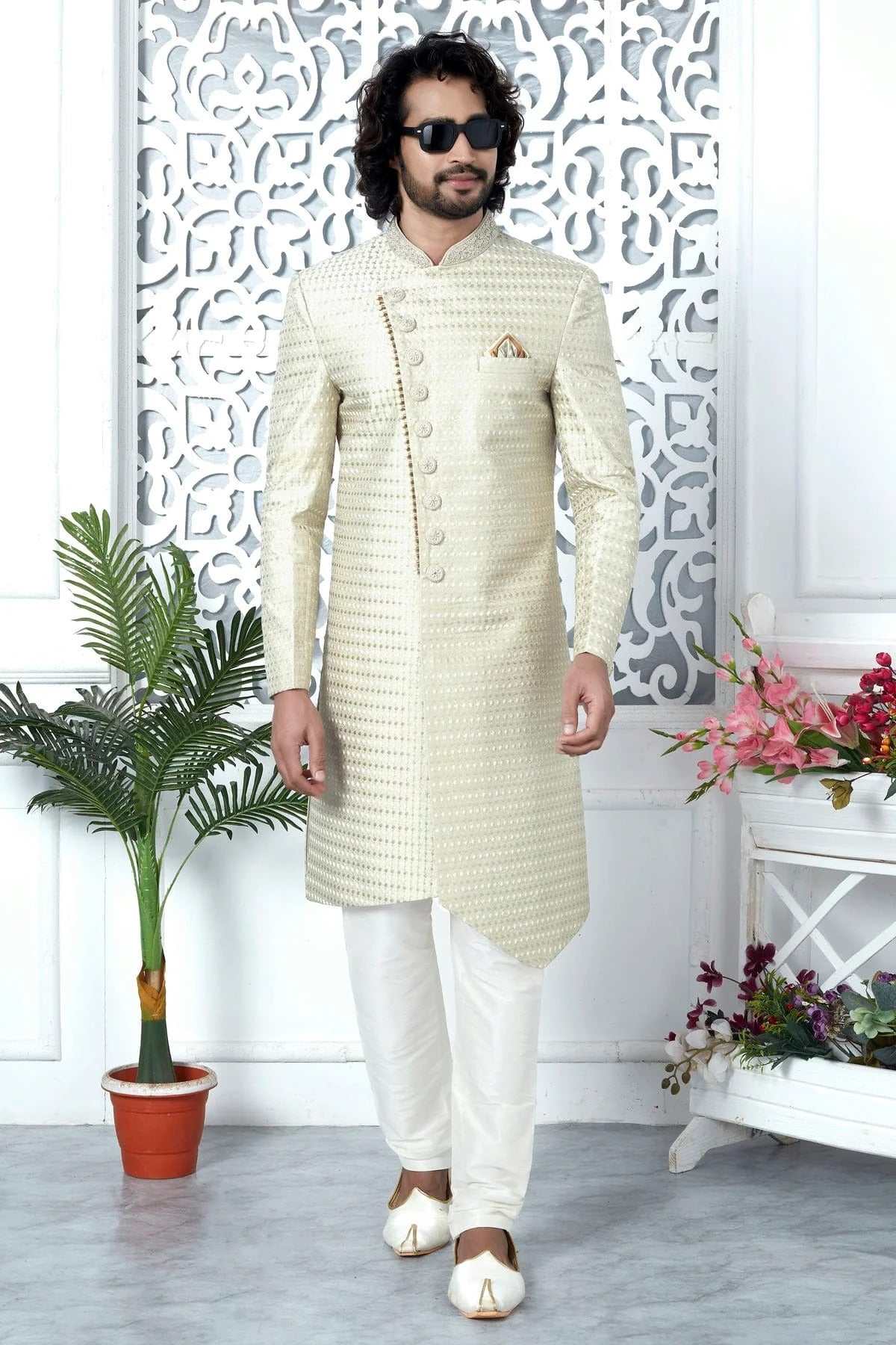 Cream Colour Art Silk Sherwani With Churidar Pant SH1230064 A