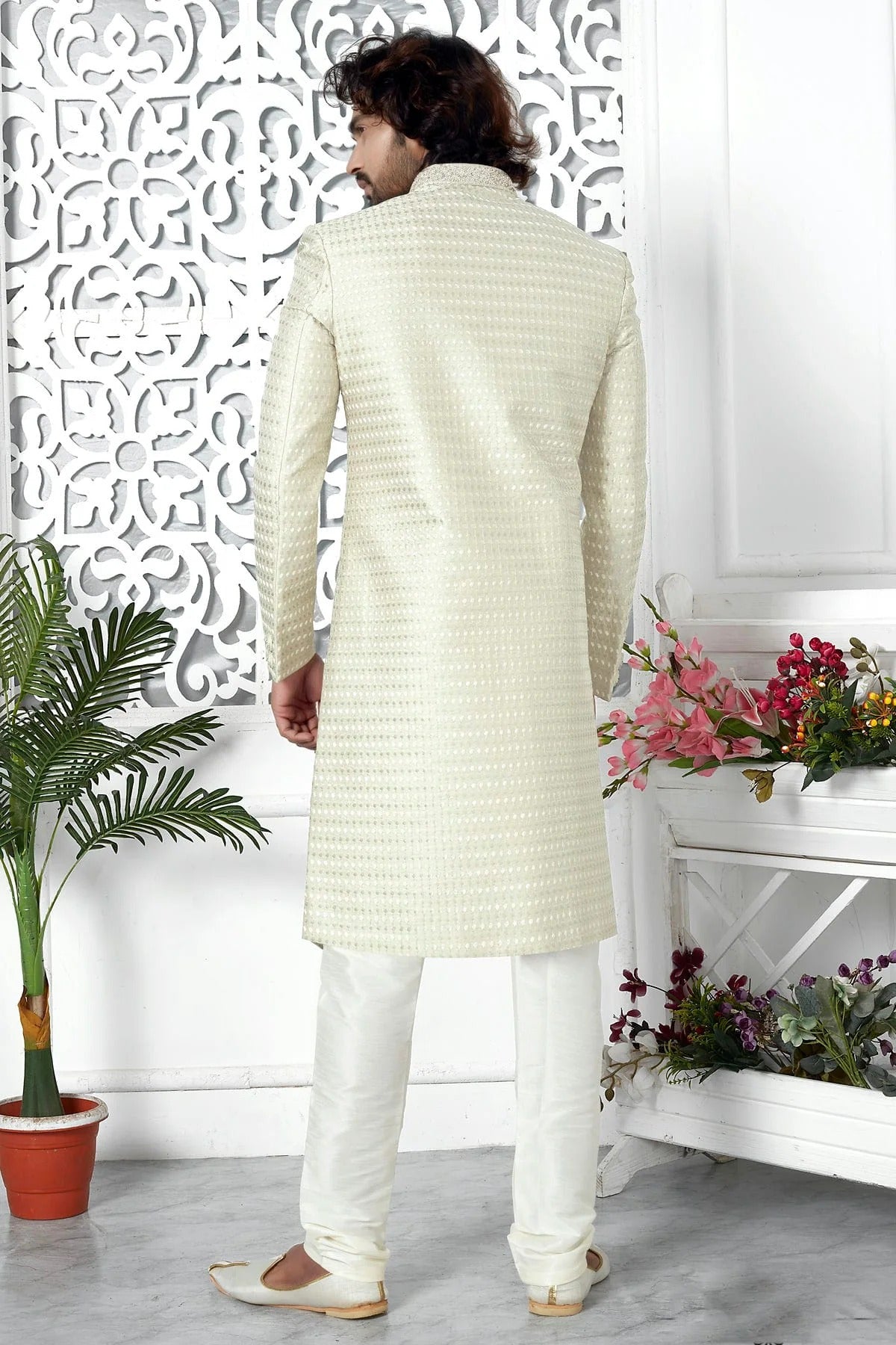 Cream Colour Art Silk Sherwani With Churidar Pant SH1230064 B