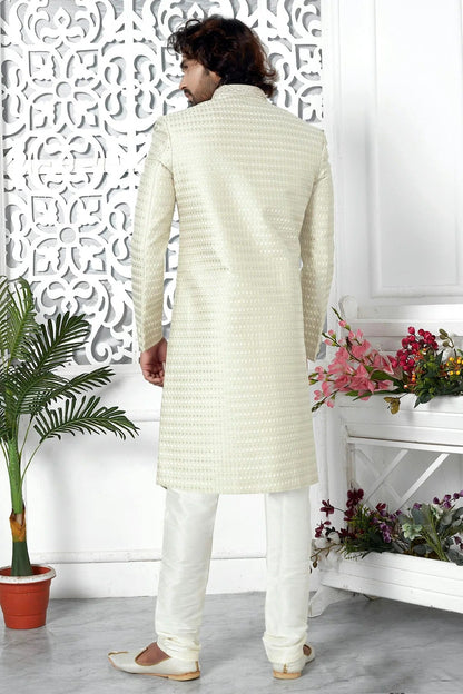 Cream Colour Art Silk Sherwani With Churidar Pant SH1230064 B