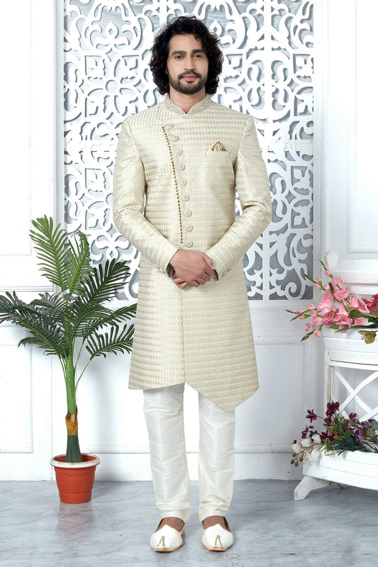 Cream Colour Art Silk Sherwani With Churidar Pant SH1230064