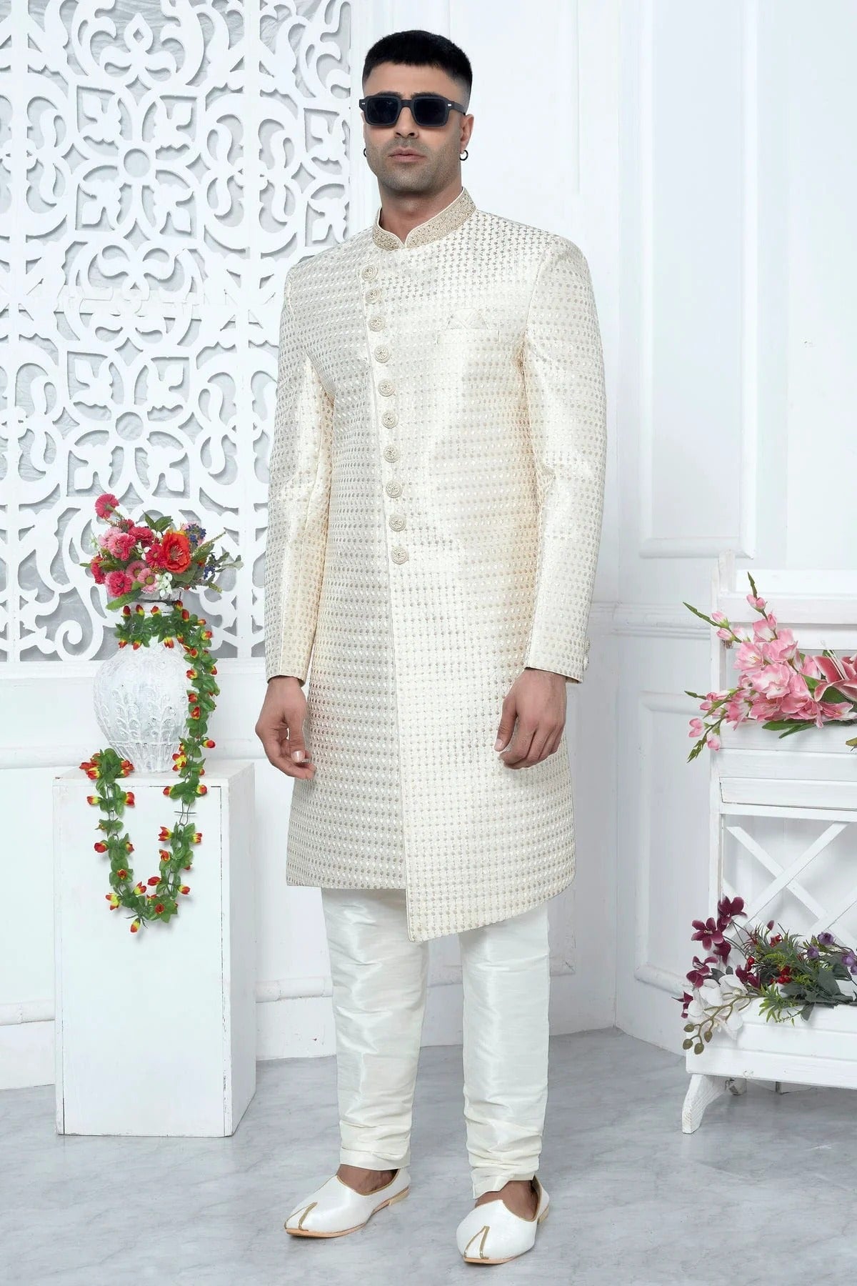 Cream Colour Art Silk Sherwani With Churidar Pant SH1230065 A