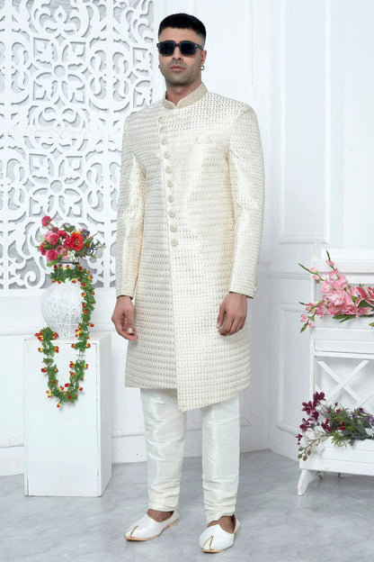 Cream Colour Art Silk Sherwani With Churidar Pant SH1230065 A