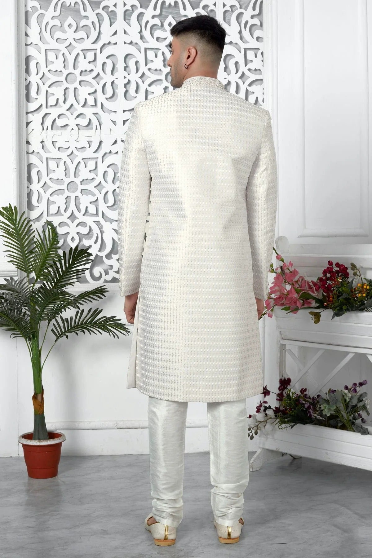 Cream Colour Art Silk Sherwani With Churidar Pant SH1230065 B
